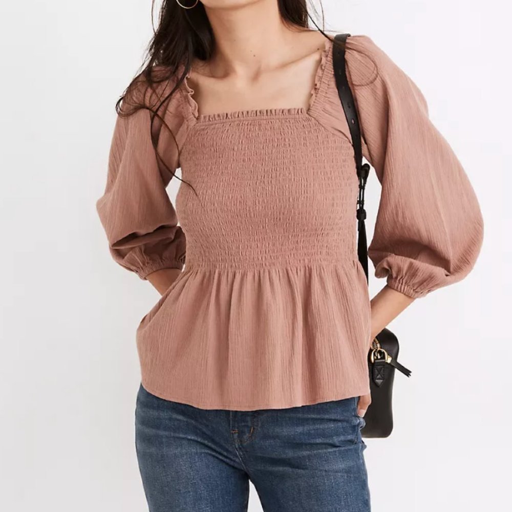 MADEWELL Lucie Smocked Peplum Top in Color FADED MAUVE Size 4